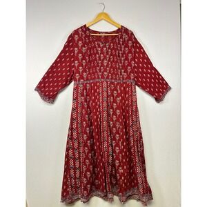 Artsy Prairie April Cornell Womens 2X Red Floral Block Print Pintuck Midi Dress